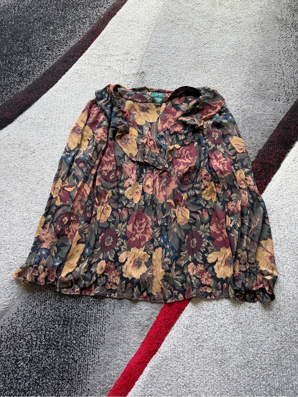 Lauren Ralph Lauren Silk Dark Floral Ruffled Long Sleeve Blouse